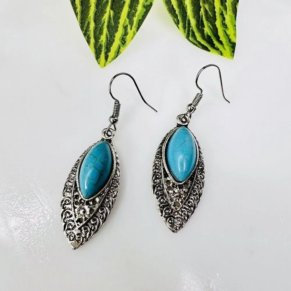 Teal Blue Faux Turquoise On Filigree Leaf  Silver Tine Dangle Drop Earrings